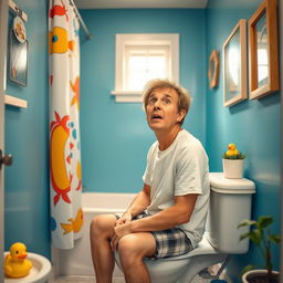 A humorous scene depicting a middle-aged man with a surprised expression sitting on a toilet, surrounded by colorful bathroom decor