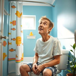 A humorous scene depicting a middle-aged man with a surprised expression sitting on a toilet, surrounded by colorful bathroom decor