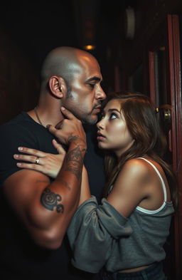 A dramatic scene capturing a 48-year-old mafia man, tall and muscular with a prominent tattoo on his hand, kissing a petite 18-year-old girl