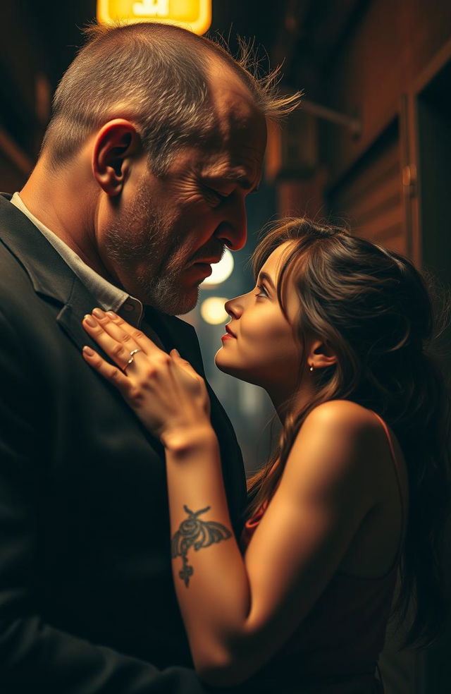 A dramatic scene capturing a 48-year-old mafia man, tall and muscular with a prominent tattoo on his hand, kissing a petite 18-year-old girl