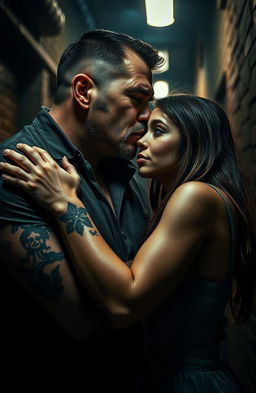 A dramatic scene capturing a 48-year-old mafia man, tall and muscular with a prominent tattoo on his hand, kissing a petite 18-year-old girl