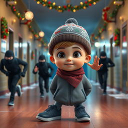 a dynamic 3D animated scene inside an empty school corridor during a winter night, illuminated by colorful Christmas decorations and twinkling lights