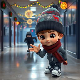a dynamic 3D animated scene inside an empty school corridor during a winter night, illuminated by colorful Christmas decorations and twinkling lights