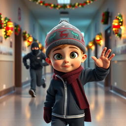 a dynamic 3D animated scene inside an empty school corridor during a winter night, illuminated by colorful Christmas decorations and twinkling lights