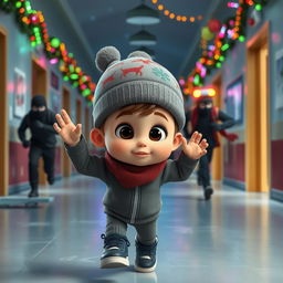 a lively 3D animated scene set inside an empty school corridor during a winter night, beautifully decorated with colorful Christmas lights and ornaments
