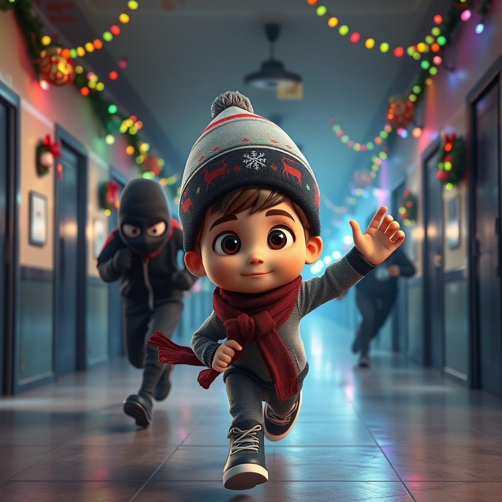 a lively 3D animated scene set inside an empty school corridor during a winter night, beautifully decorated with colorful Christmas lights and ornaments