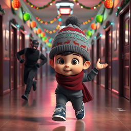 a lively 3D animated scene set inside an empty school corridor during a winter night, beautifully decorated with colorful Christmas lights and ornaments