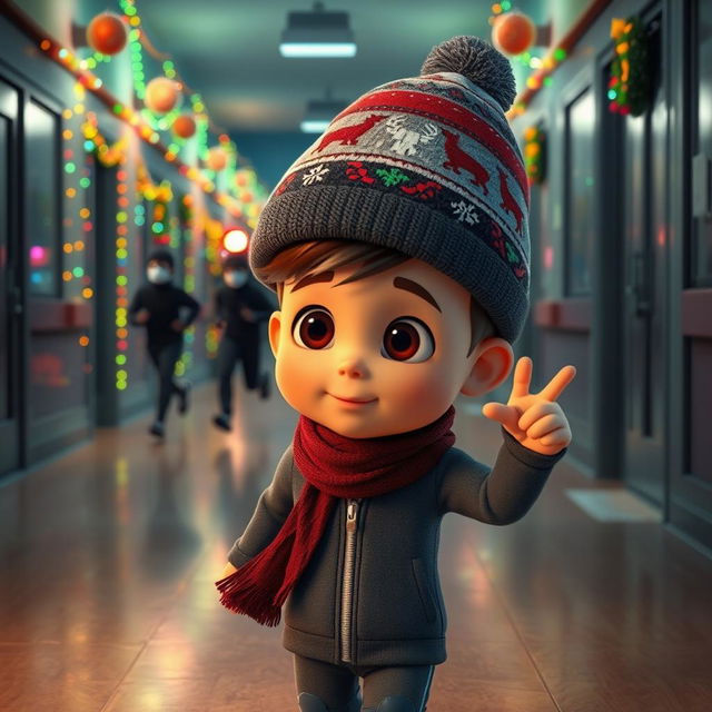 a lively 3D animated scene set inside an empty school corridor during a winter night, beautifully decorated with colorful Christmas lights and ornaments