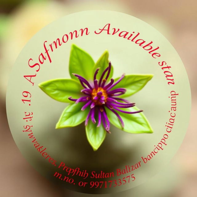A round image featuring a vibrant saffron flower at the center, with delicate and bright purple stigma and green leaves