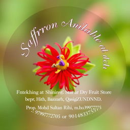 A round image featuring a vibrant saffron flower at the center, with delicate and bright purple stigma and green leaves
