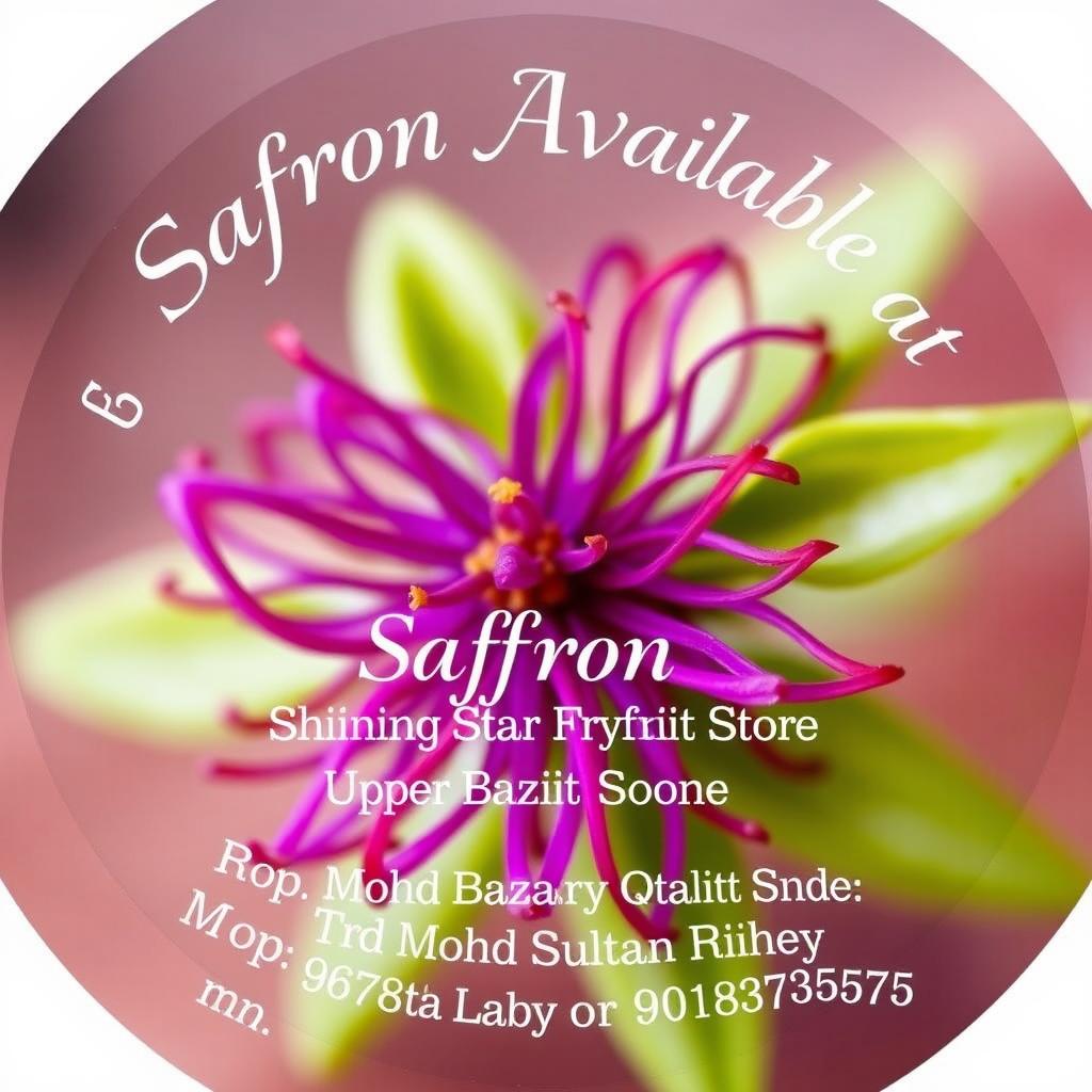 A round image featuring a vibrant saffron flower at the center, with delicate and bright purple stigma and green leaves