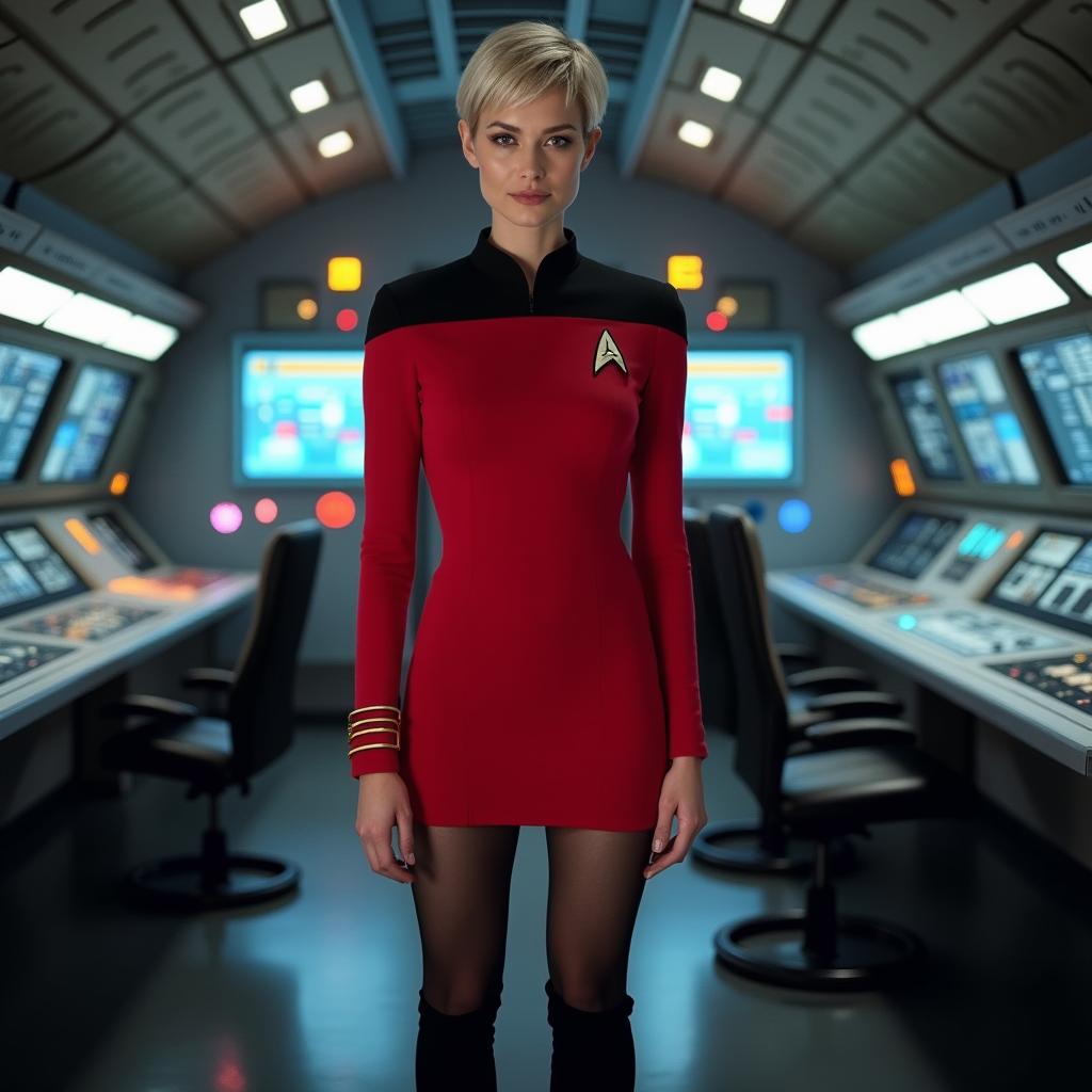 A woman with short pixie hair wearing a striking red Star Trek uniform minidress featuring a low black neckline that accentuates her cleavage