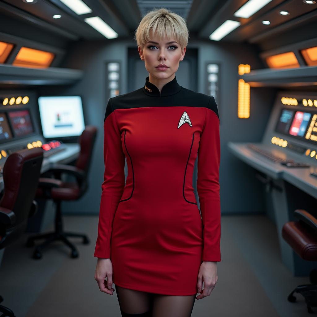 A confident woman with short pixie hair, dressed in a vibrant red Star Trek uniform minidress featuring a low plunging black neckline that accentuates her figure