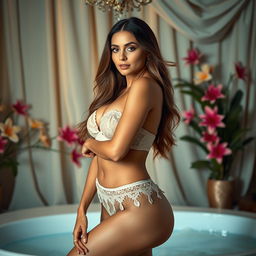 A stunning model posing elegantly in a luxurious setting, wearing a beautiful, form-fitting lingerie set that highlights her curves