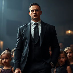 An imposing 45-year-old mafia man wearing a sleek black suit that perfectly fits his tall, muscular physique