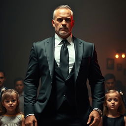 An imposing 45-year-old mafia man wearing a sleek black suit that perfectly fits his tall, muscular physique