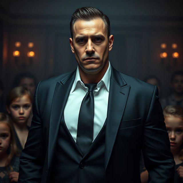 An imposing 45-year-old mafia man wearing a sleek black suit that perfectly fits his tall, muscular physique