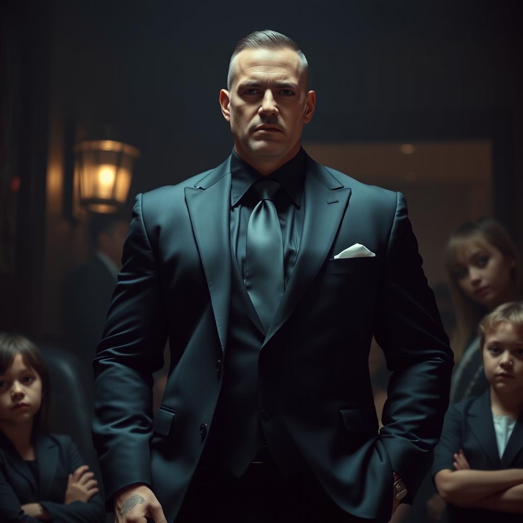 An imposing 45-year-old mafia man wearing a sleek black suit that perfectly fits his tall, muscular physique