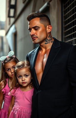 A 45-year-old mafia man with a toned, muscular build, dressed in a sleek black suit