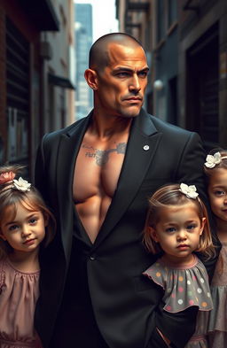 A 45-year-old mafia man with a toned, muscular build, dressed in a sleek black suit