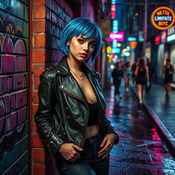 An urban scene depicting a young woman with short, vibrant blue hair, wearing a stylish leather jacket adorned with metal studs