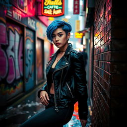 An urban scene depicting a young woman with short, vibrant blue hair, wearing a stylish leather jacket adorned with metal studs