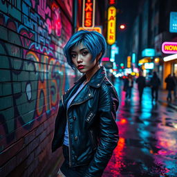 An urban scene depicting a young woman with short, vibrant blue hair, wearing a stylish leather jacket adorned with metal studs