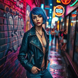 An urban scene depicting a young woman with short, vibrant blue hair, wearing a stylish leather jacket adorned with metal studs