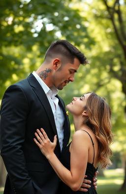 A romantic scene in a park featuring a 45-year-old mafia man dressed in a fitted black suit, showcasing his impressive physique with strong muscles and visible tattoos on the side of his neck