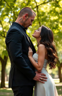 A romantic scene in a park featuring a 45-year-old mafia man dressed in a fitted black suit, showcasing his impressive physique with strong muscles and visible tattoos on the side of his neck