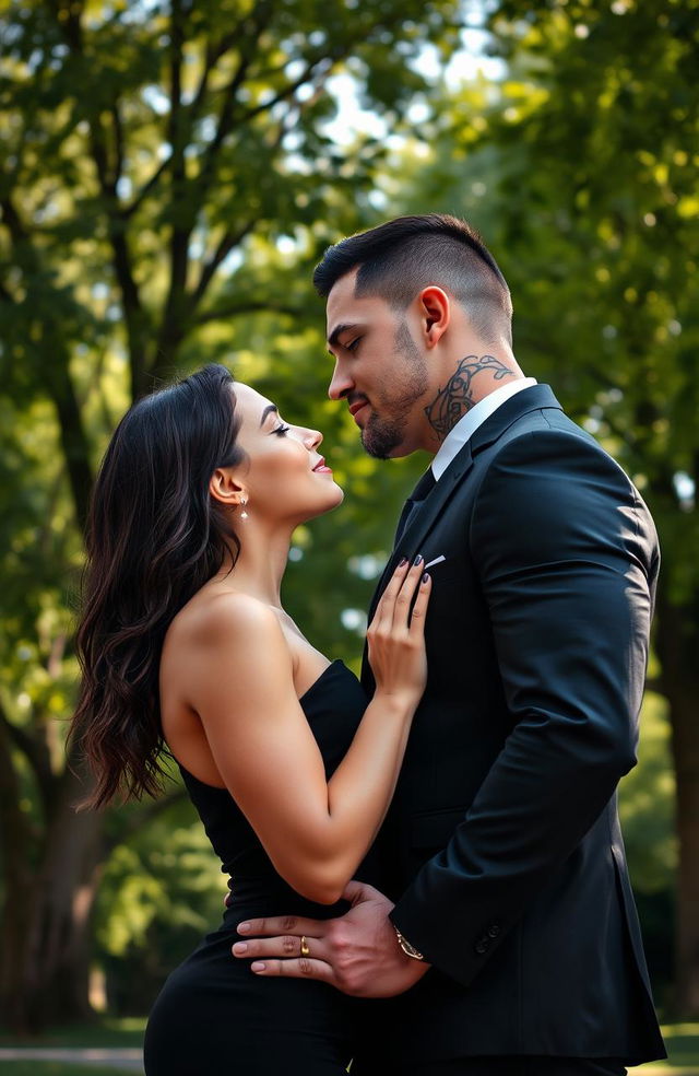 A romantic scene in a park featuring a 45-year-old mafia man dressed in a fitted black suit, showcasing his impressive physique with strong muscles and visible tattoos on the side of his neck