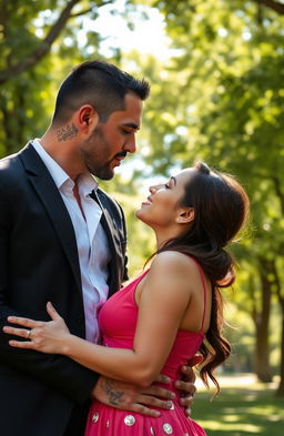 A romantic scene in a park featuring a 45-year-old mafia man dressed in a fitted black suit, showcasing his impressive physique with strong muscles and visible tattoos on the side of his neck