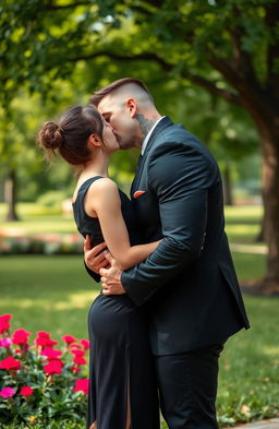 A romantic scene in a park featuring a 45-year-old mafia man and a cute, petite 18-year-old girl