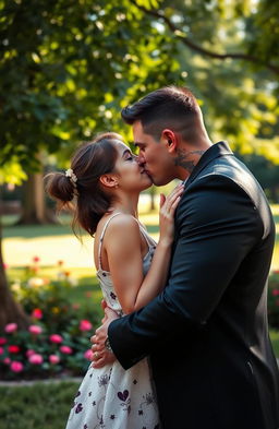 A romantic scene in a park featuring a 45-year-old mafia man and a cute, petite 18-year-old girl