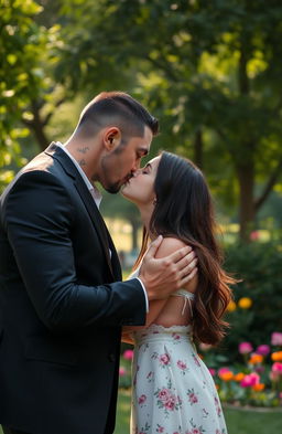A romantic scene in a park featuring a 45-year-old mafia man and a cute, petite 18-year-old girl