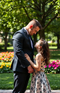 A romantic scene in a park featuring a 45-year-old mafia man and a cute, petite 18-year-old girl