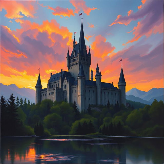 A magnificent medieval castle silhouetted against a dramatic sunset, with vibrant hues of orange, purple, and pink in the sky