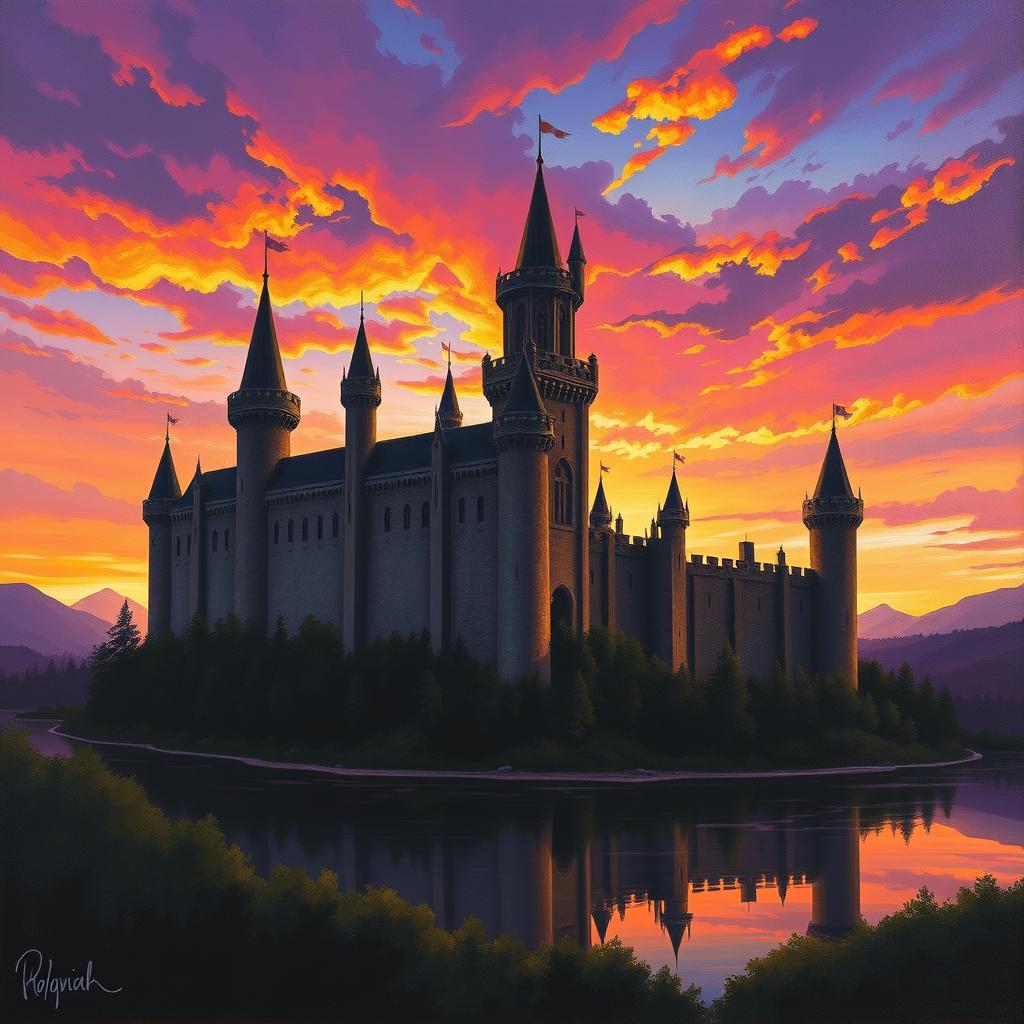 A magnificent medieval castle silhouetted against a dramatic sunset, with vibrant hues of orange, purple, and pink in the sky