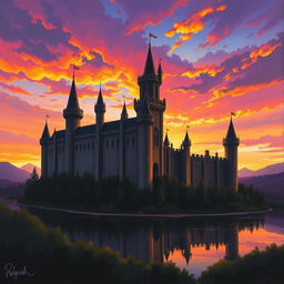 A magnificent medieval castle silhouetted against a dramatic sunset, with vibrant hues of orange, purple, and pink in the sky