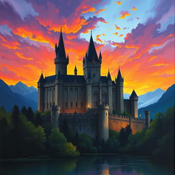 A magnificent medieval castle silhouetted against a dramatic sunset, with vibrant hues of orange, purple, and pink in the sky