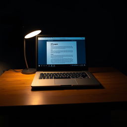 A modern laptop positioned on a wooden table in a very dark room, illuminated by the soft and warm light from a bedside lamp