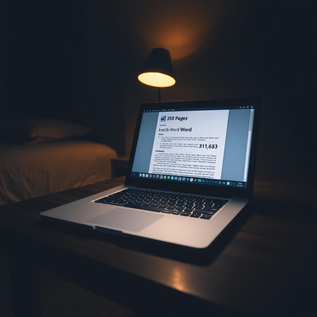 A modern laptop positioned on a wooden table in a very dark room, illuminated by the soft and warm light from a bedside lamp