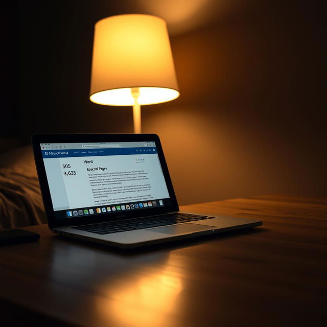 A modern laptop positioned on a wooden table in a very dark room, illuminated by the soft and warm light from a bedside lamp