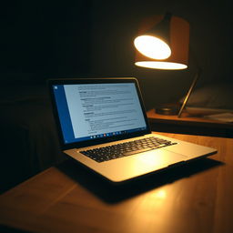 A modern laptop positioned on a wooden table in a very dark room, illuminated by the soft and warm light from a bedside lamp