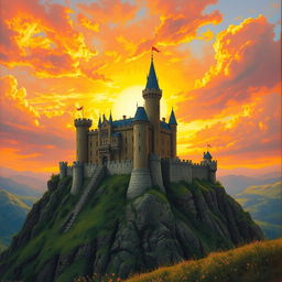 An enchanting medieval castle perched atop a rugged cliff, bathed in the warm, golden glow of a stunning sunset