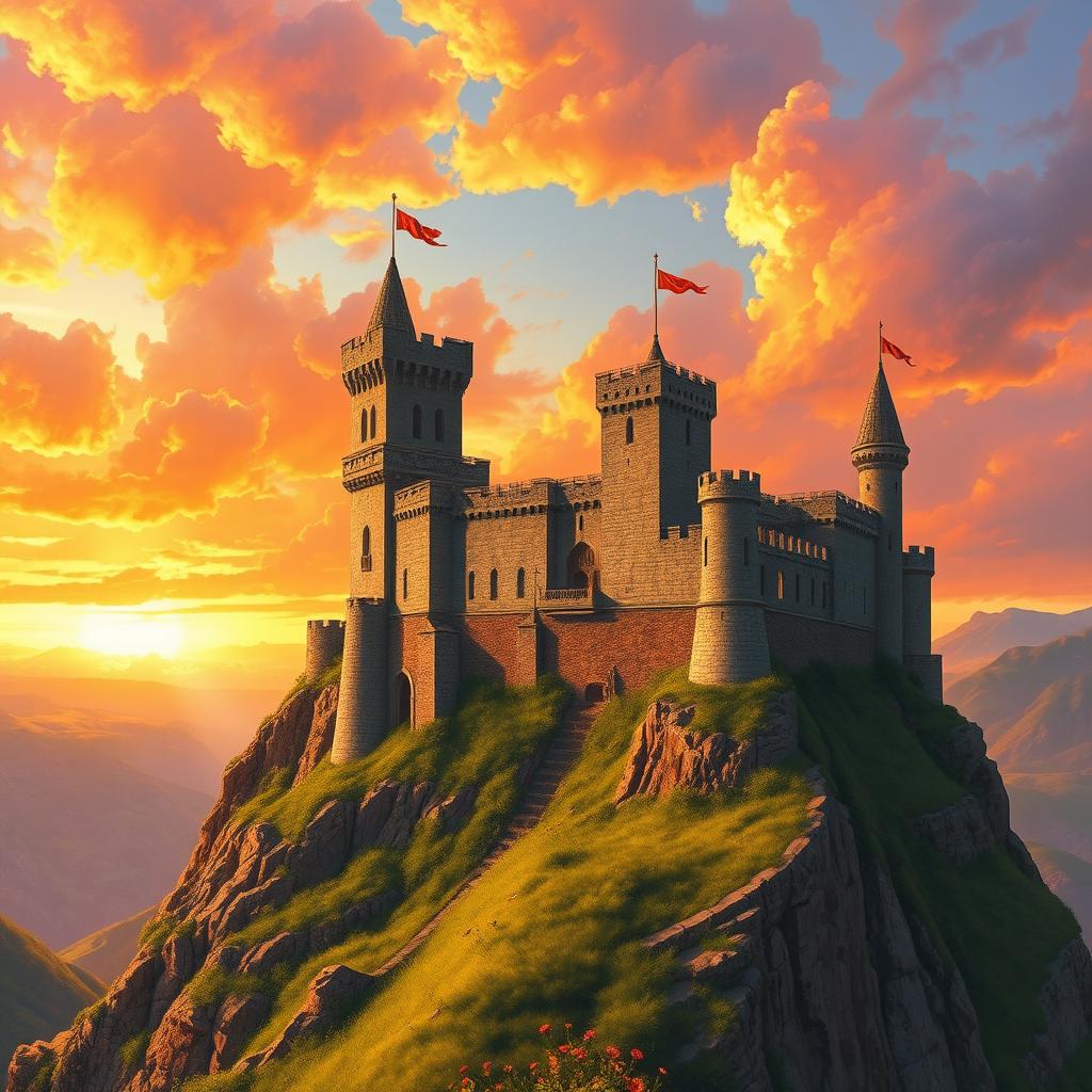 An enchanting medieval castle perched atop a rugged cliff, bathed in the warm, golden glow of a stunning sunset
