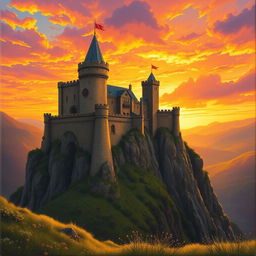 An enchanting medieval castle perched atop a rugged cliff, bathed in the warm, golden glow of a stunning sunset