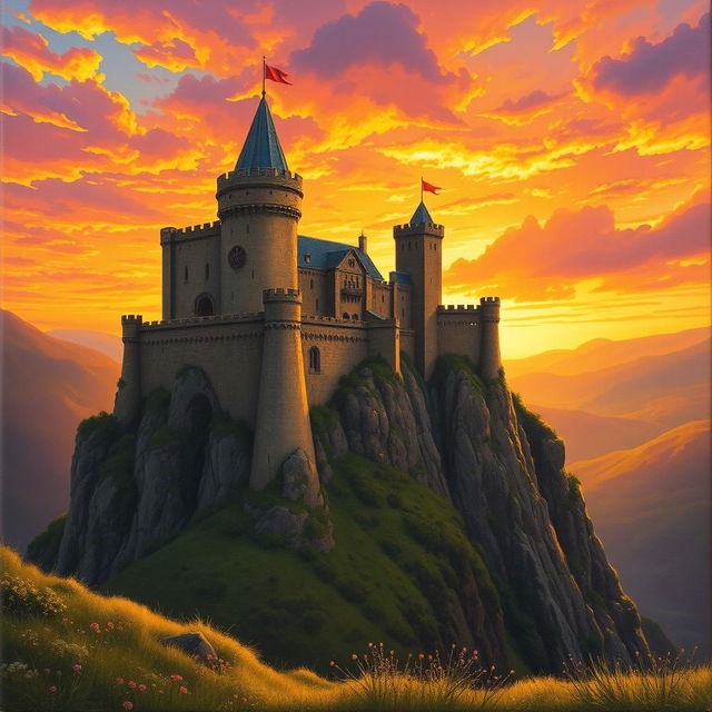 An enchanting medieval castle perched atop a rugged cliff, bathed in the warm, golden glow of a stunning sunset