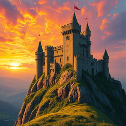 An enchanting medieval castle perched atop a rugged cliff, bathed in the warm, golden glow of a stunning sunset