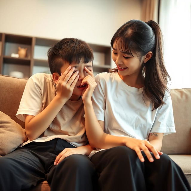 A beautiful Asian woman, 20 years old, with fair skin, wearing a white t-shirt and black long pants